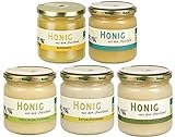Bio Honig Probierset 5 x 250g aus dem Havelland ungefilterter und unbehandelter Bioland Honig von mild bis kräftig das ideale Geschenk von Blütenhonig bis Akazie ein Genuss