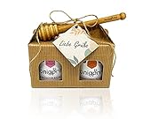 Honig Geschenkset 'LIEBE GRÜßE' mit Honiglöffel aus Buchenholz und Grußkarte - 1x250g Sanddorn cremig und 1x250g Frühtracht cremig - 100% Deutscher Honig Honigprinz Familien-Imkerei