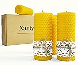 Xanty Bienenwachskerzen, 4 Große goldene Kerzen aus 100% Bienenwachs, Wabenkerzen, Stumpenkerzen, 10 Stunden/Kerze Brenndauer, Gold-Gelb Adventskerzen