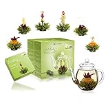 Creano Teeblumen Mix - Geschenkset Erblühtee mit Glaskanne Grüner Tee fruchtig aromatisiert (Teerosen in 6 Sorten), Blooming Tea, Tee Geschenk für Frauen, Mutter, Teeliebhaber, Geschenk zum Muttertag