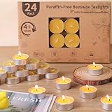 24 Pack Bienenwachs Teelichter Kerzen - Reines Bienenwachs Teelicht, Naturbelassene Bio Teelichter ohne Duft - Rauchfrei & Sauber Brennend mit über 4 Stunden Brenndauer