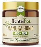 Bio Manuka Honig | 250g | 100% BIO | mit 400+ MGO | in Deutschland laborgeprüfter Methylglyoxal Wert | reines Naturprodukt aus Neuseeland | aus ethischer Imkerei | vom Achterhof