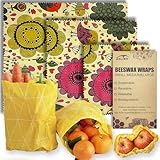 Wiederverwendbare Lebensmittelverpackungen aus Bienenwachs – (3 Packungen, 3 Größen S, M, L), plastik- und silikonfrei, umweltfreundliche Verpackung, Wachspapier für Lebensmittel, Blumen, Bienen und